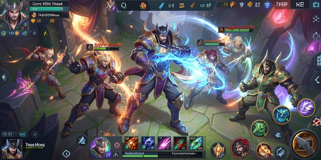 Screenshot utama 789RP menampilkan aksi pertarungan strategis di arena MOBA.