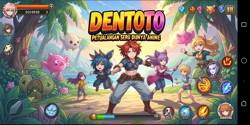 Tangkapan layar utama DENTOTO menampilkan pertarungan karakter Anime yang dinamis.