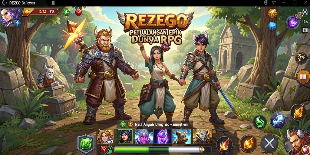 Tampilan gameplay REZEGO dengan karakter dan monster epik.