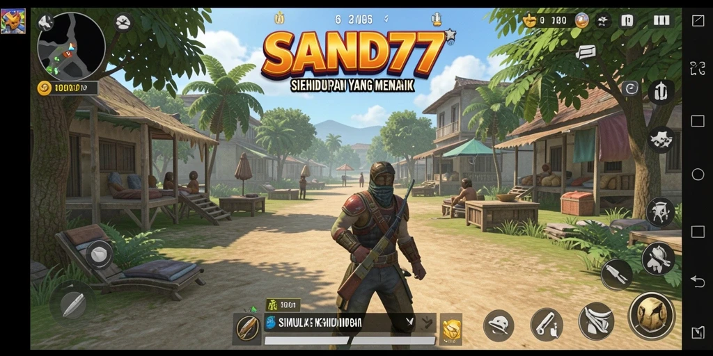 Tangkapan layar gameplay SAND77 menampilkan karakter berinteraksi dalam dunia simulasi.